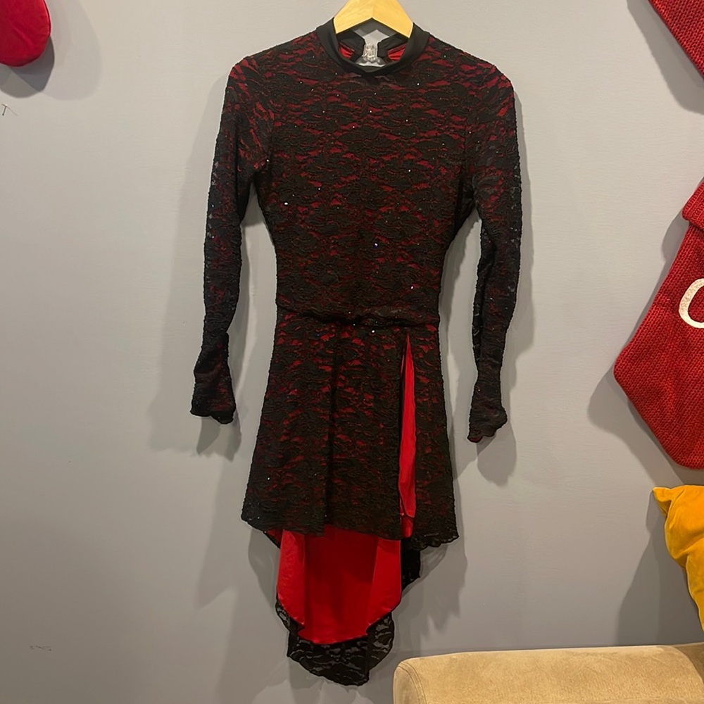 baton twirling dress Red & black lace, mermaid style, shorts attached, open back